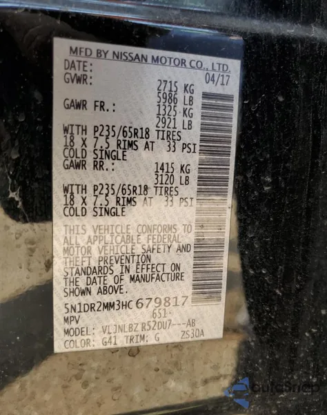 2017 Nissan Pathfinder S z USA, uszkodzony, nr VIN 5N1DR2MM3HC679817